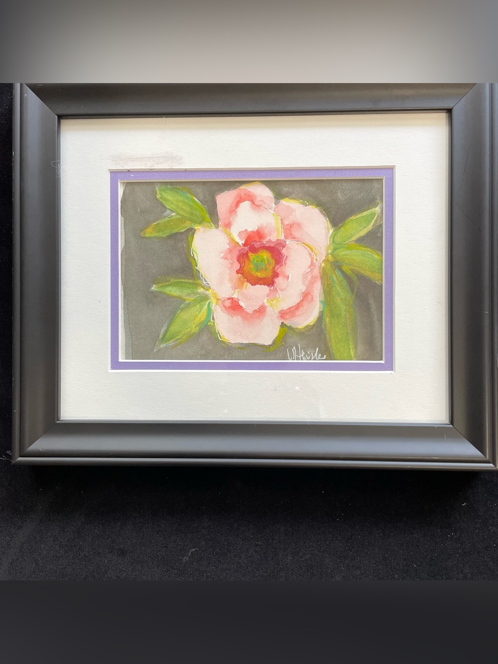 Pink Flower Framed Original Watercolor Painting Matted 5"x7" Inside 11”x5” Frame